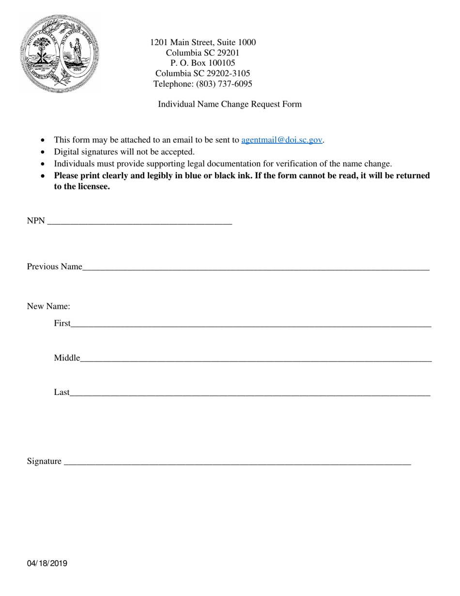 Individual Name Change Request Form - South Carolina, Page 1