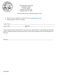 Document preview: Business Entity License Cancellation Request Form - South Carolina