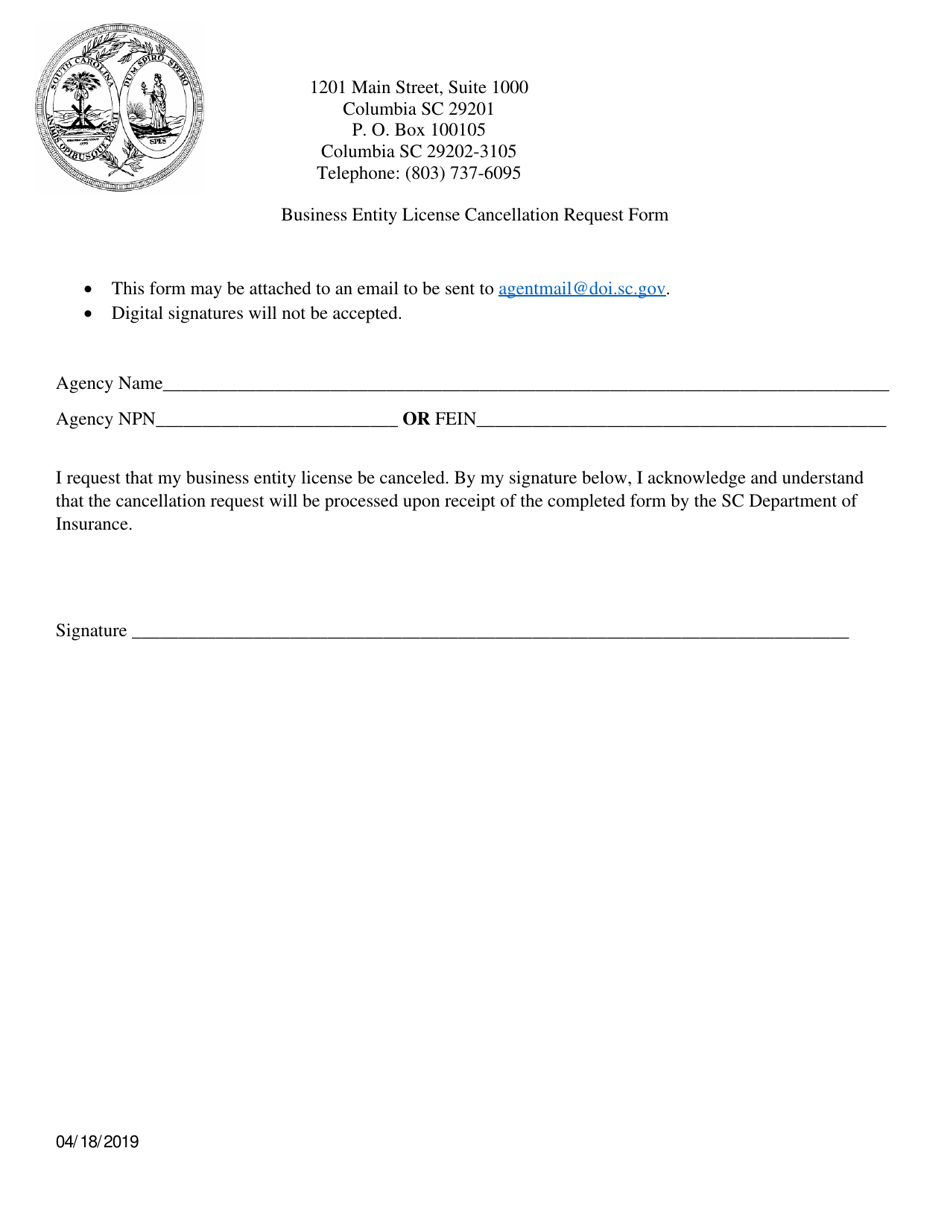 Business Entity License Cancellation Request Form - South Carolina, Page 1