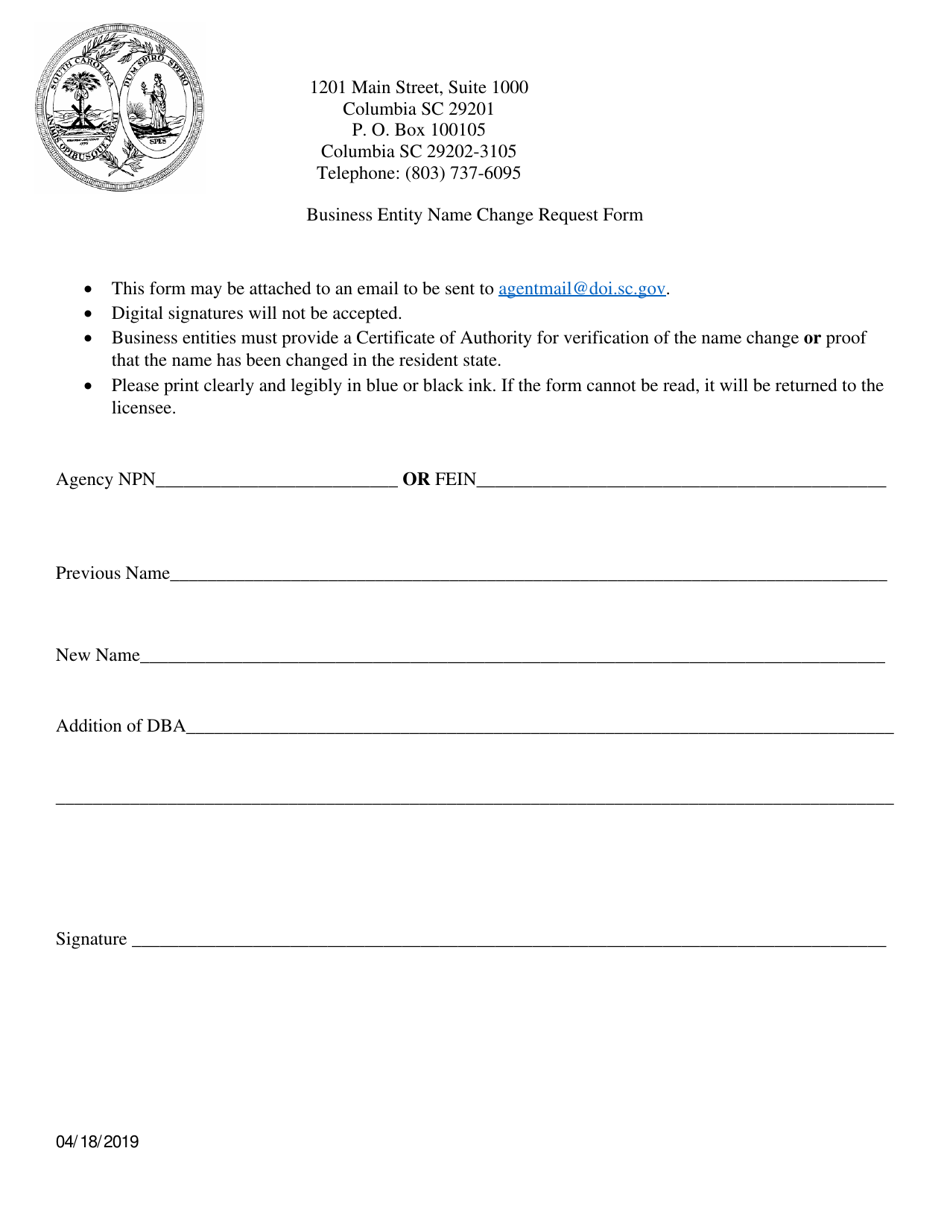 Business Entity Name Change Request Form - South Carolina, Page 1