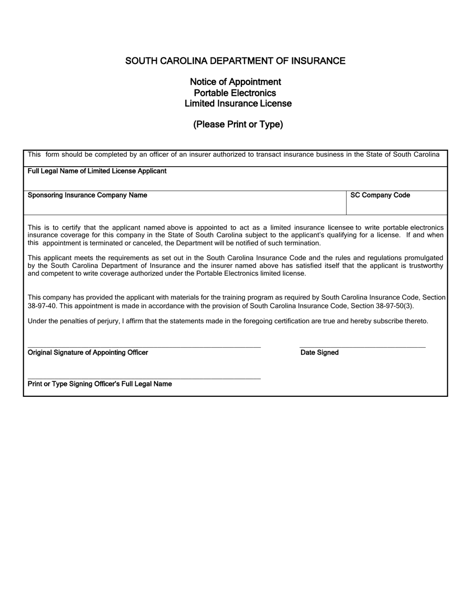 South Carolina Notice of Appointment Portable Electronics Fill Out