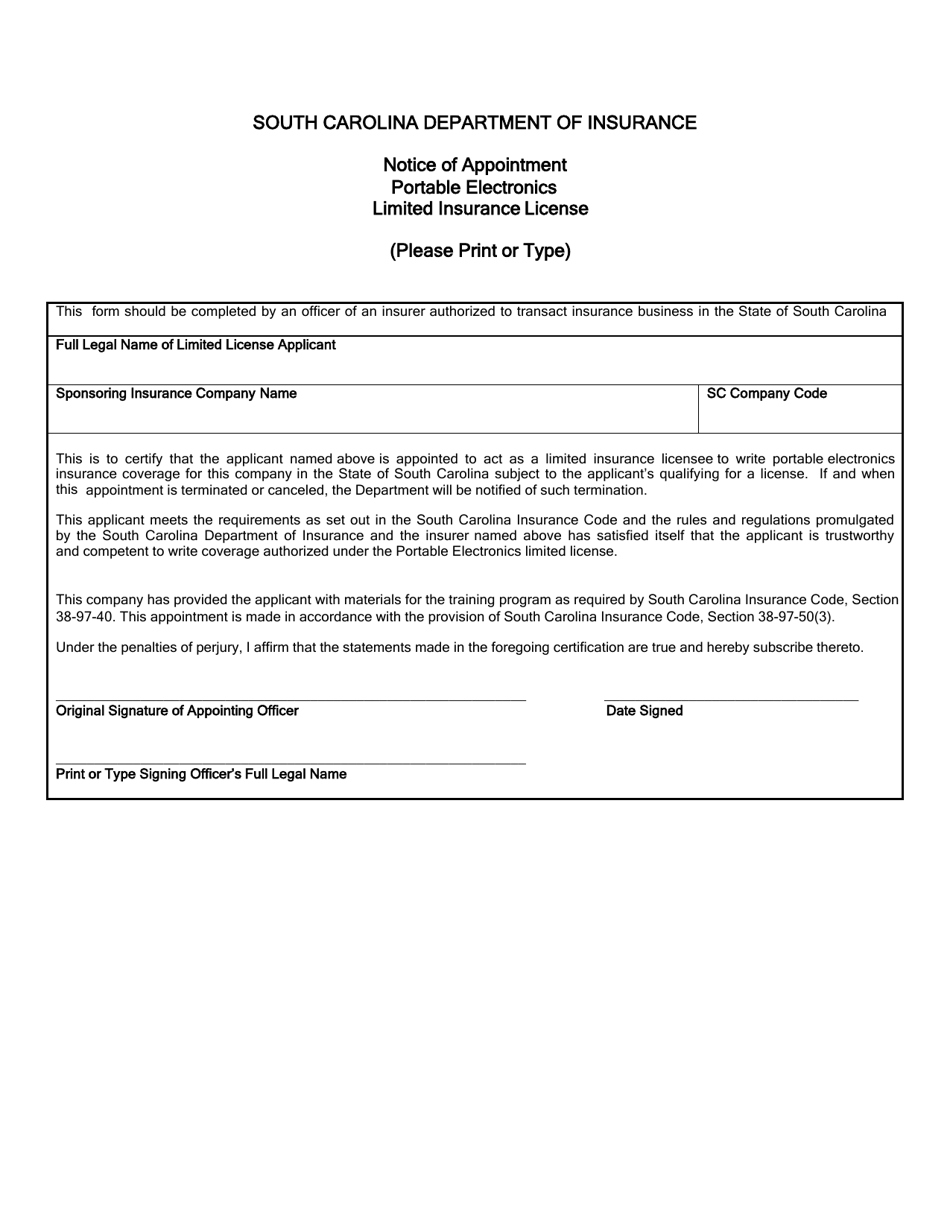 Notice of Appointment - Portable Electronics - South Carolina, Page 1