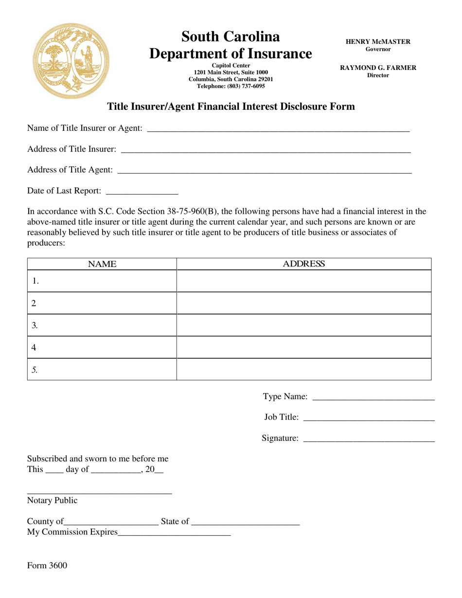 SCID Form 3600 Title Insurer / Agent Financial Interest Disclosure Form - South Carolina, Page 1