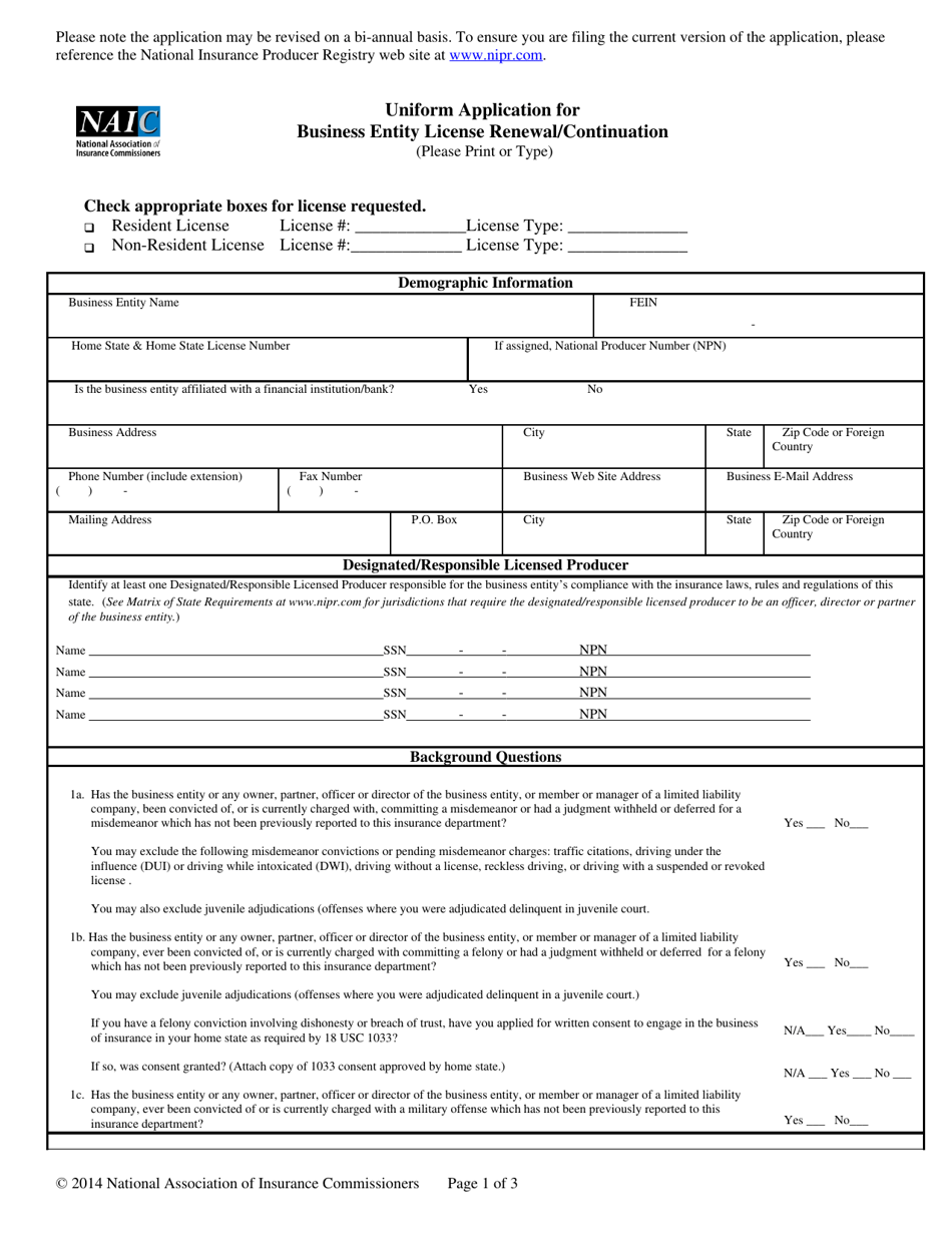 Uniform Application for Business Entity License Renewal/Continuation, Page 1