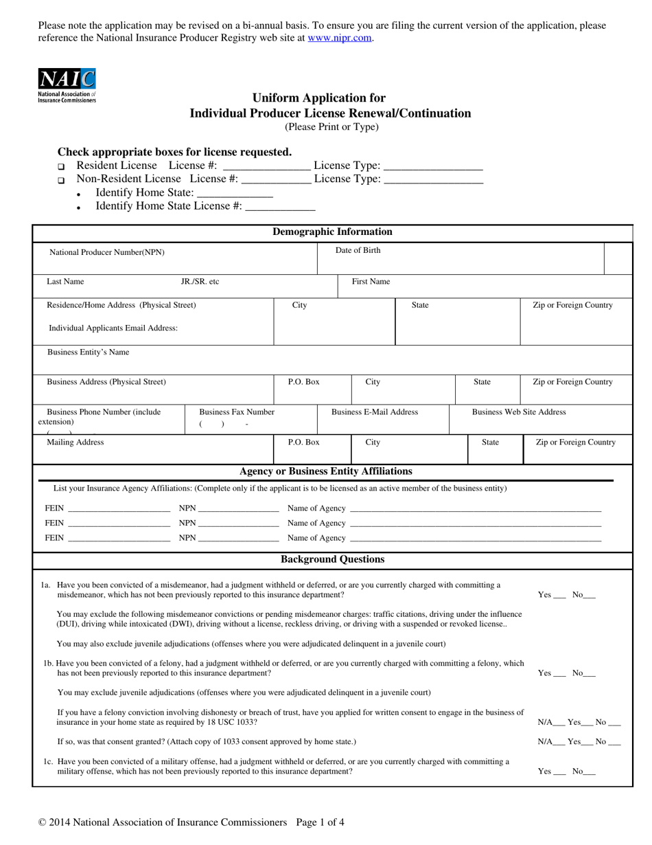 Uniform Application for Individual Producer License Renewal / Continuation - South Carolina, Page 1