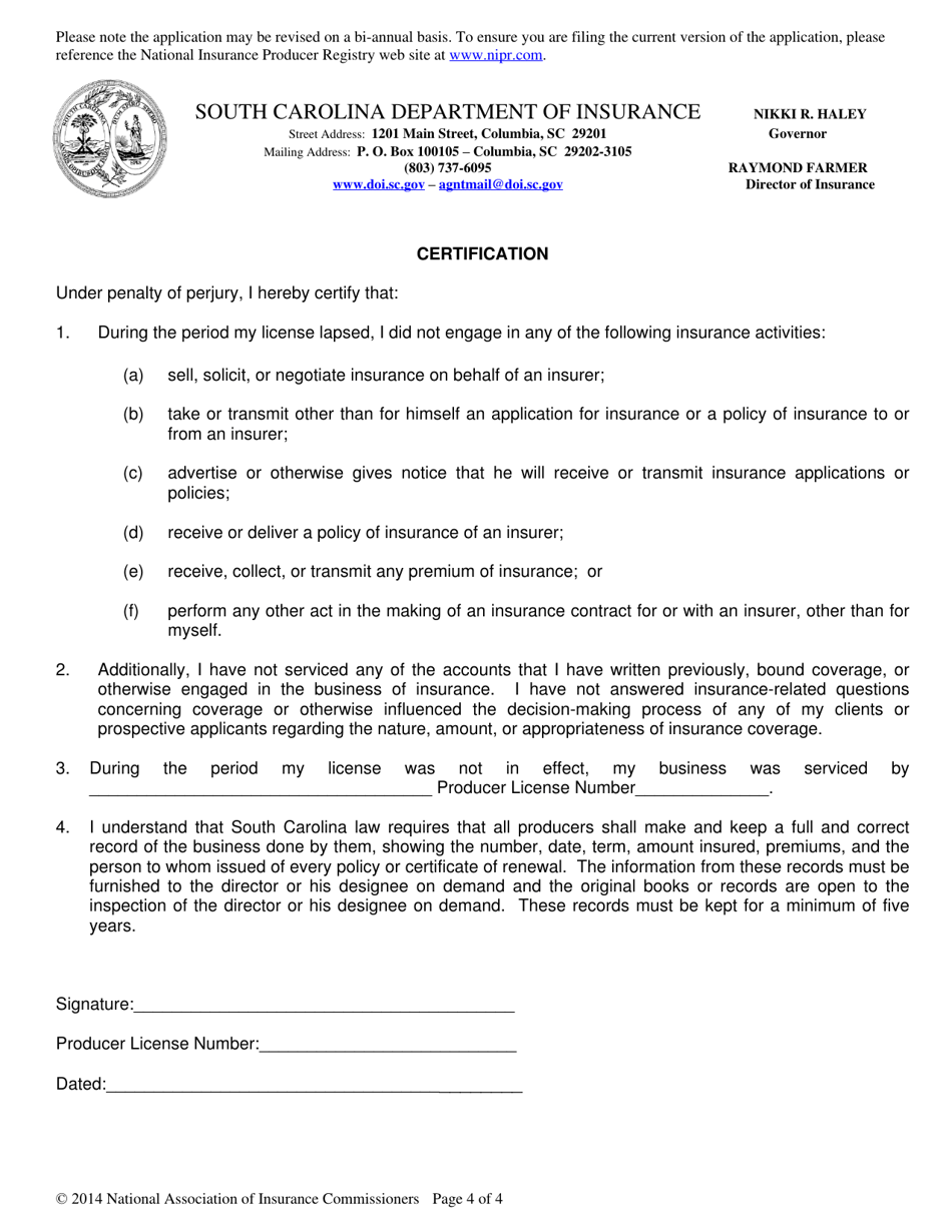 South Carolina Uniform Application for Individual Producer License ...