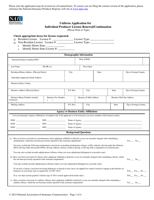 Uniform Application for Individual Producer License Renewal/Continuation - South Carolina