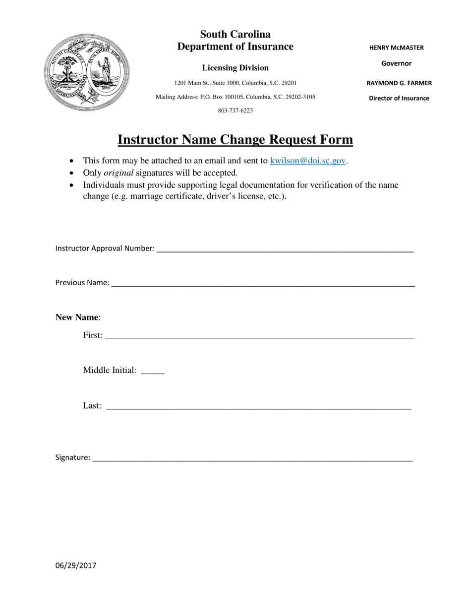 Instructor Name Change Request Form - South Carolina, Page 1
