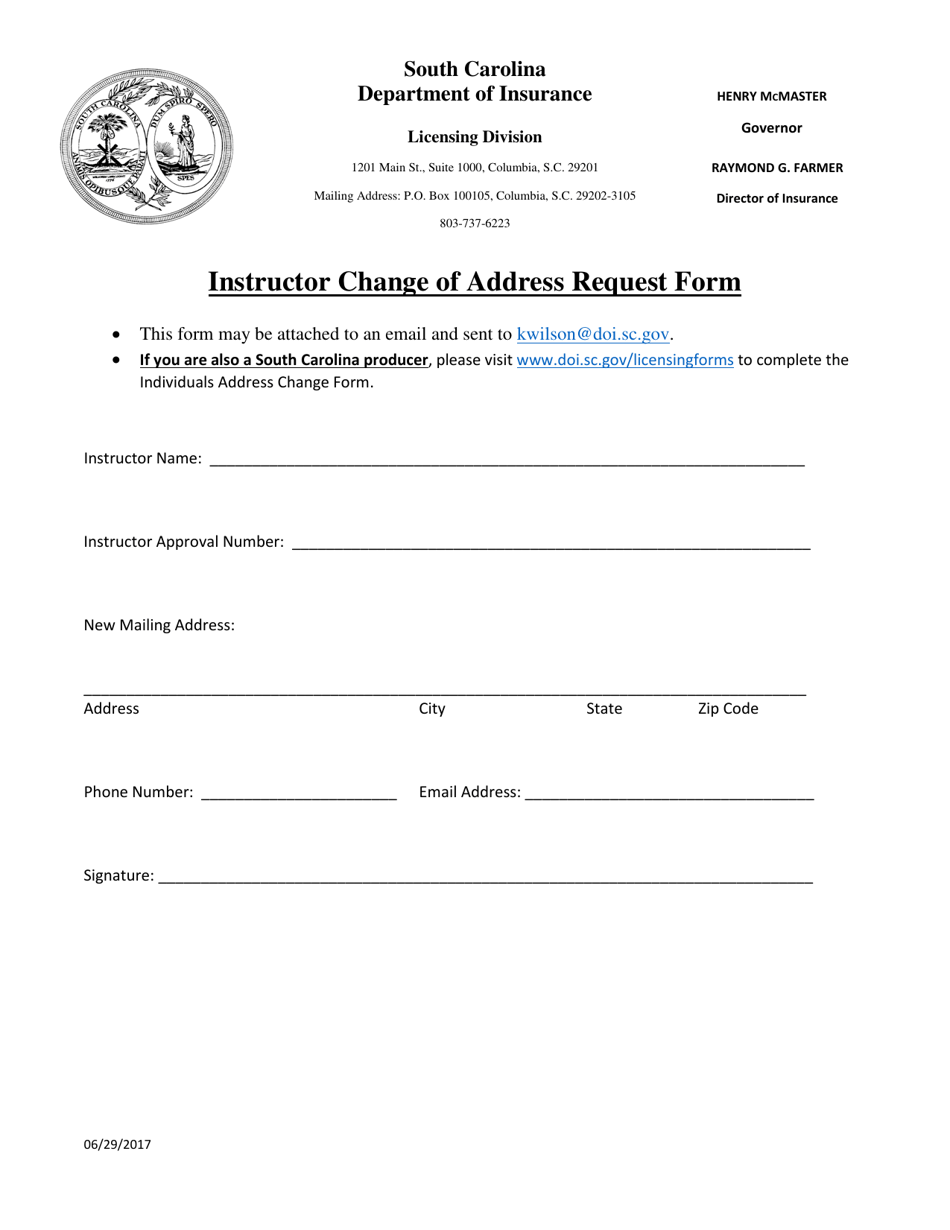 Instructor Change of Address Request Form - South Carolina, Page 1