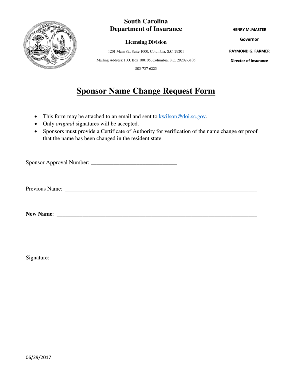 Sponsor Name Change Request Form - South Carolina, Page 1