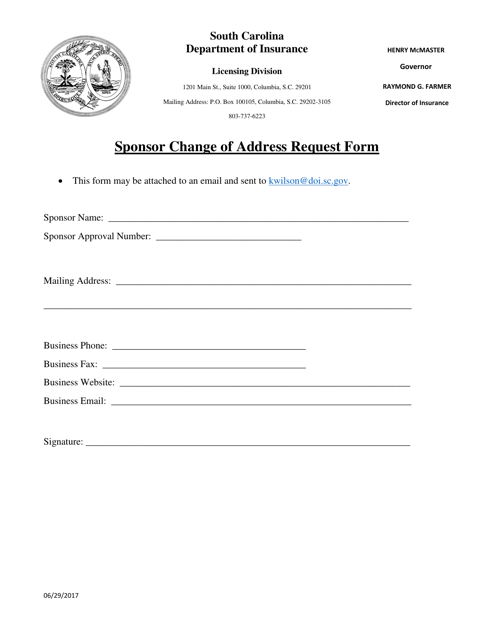Sponsor Change of Address Request Form - South Carolina Download Pdf