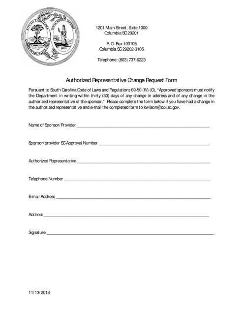 Authorized Representative Change Request Form - South Carolina Download Pdf