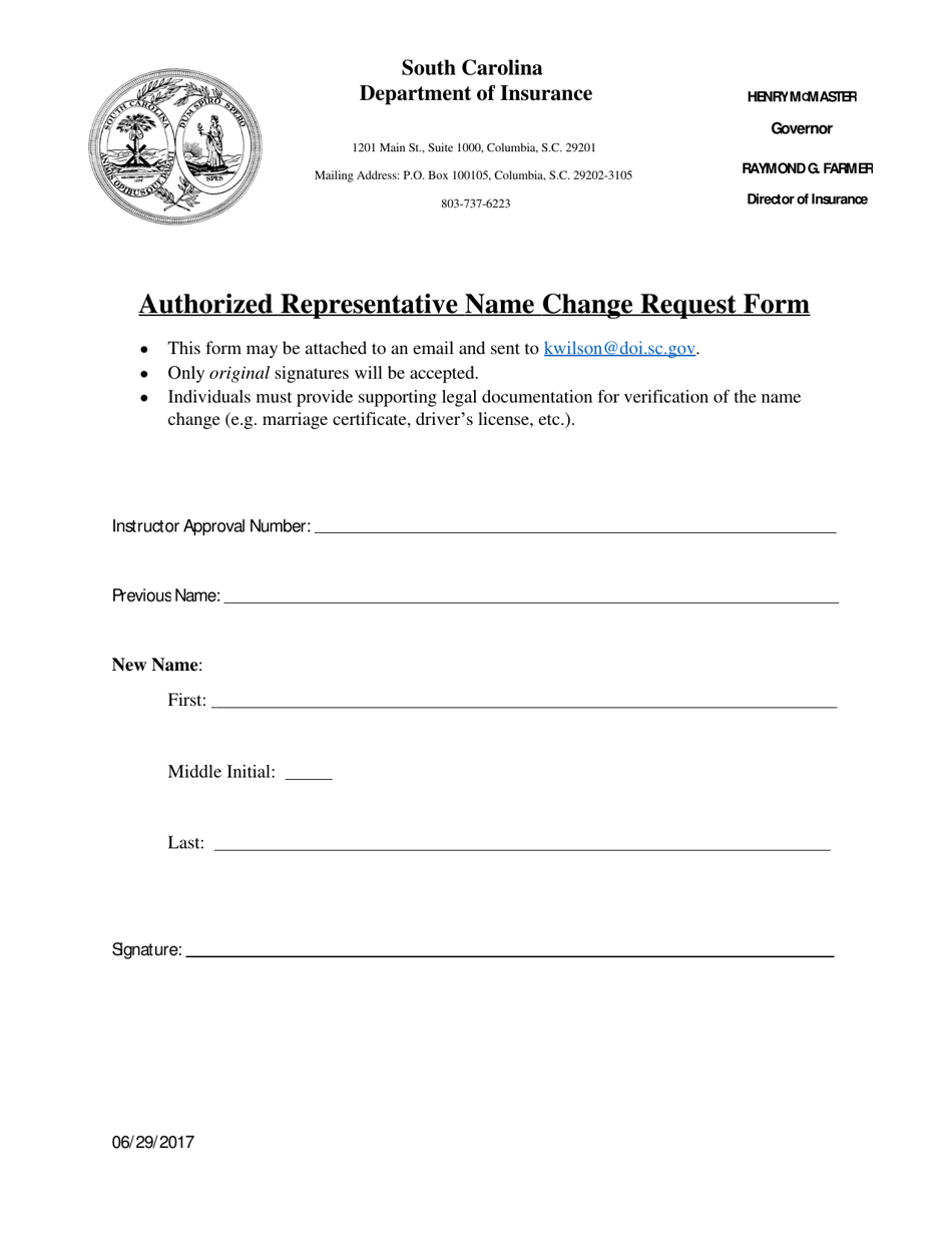 Authorized Representative Name Change Request Form - South Carolina, Page 1