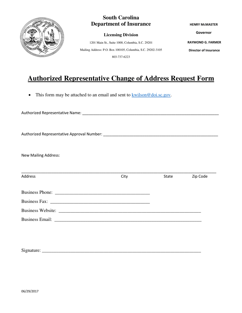 Authorized Representative Change of Address Request Form - South Carolina, Page 1