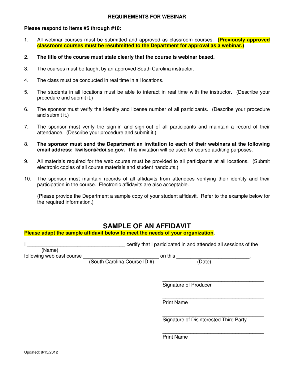 Sample of an Affidavit - South Carolina, Page 1