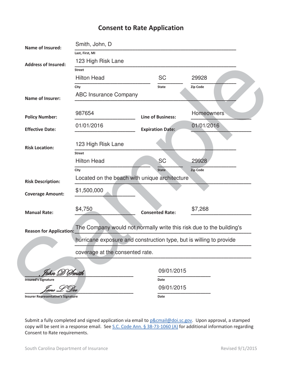 Sample Consent to Rate Application - South Carolina, Page 1