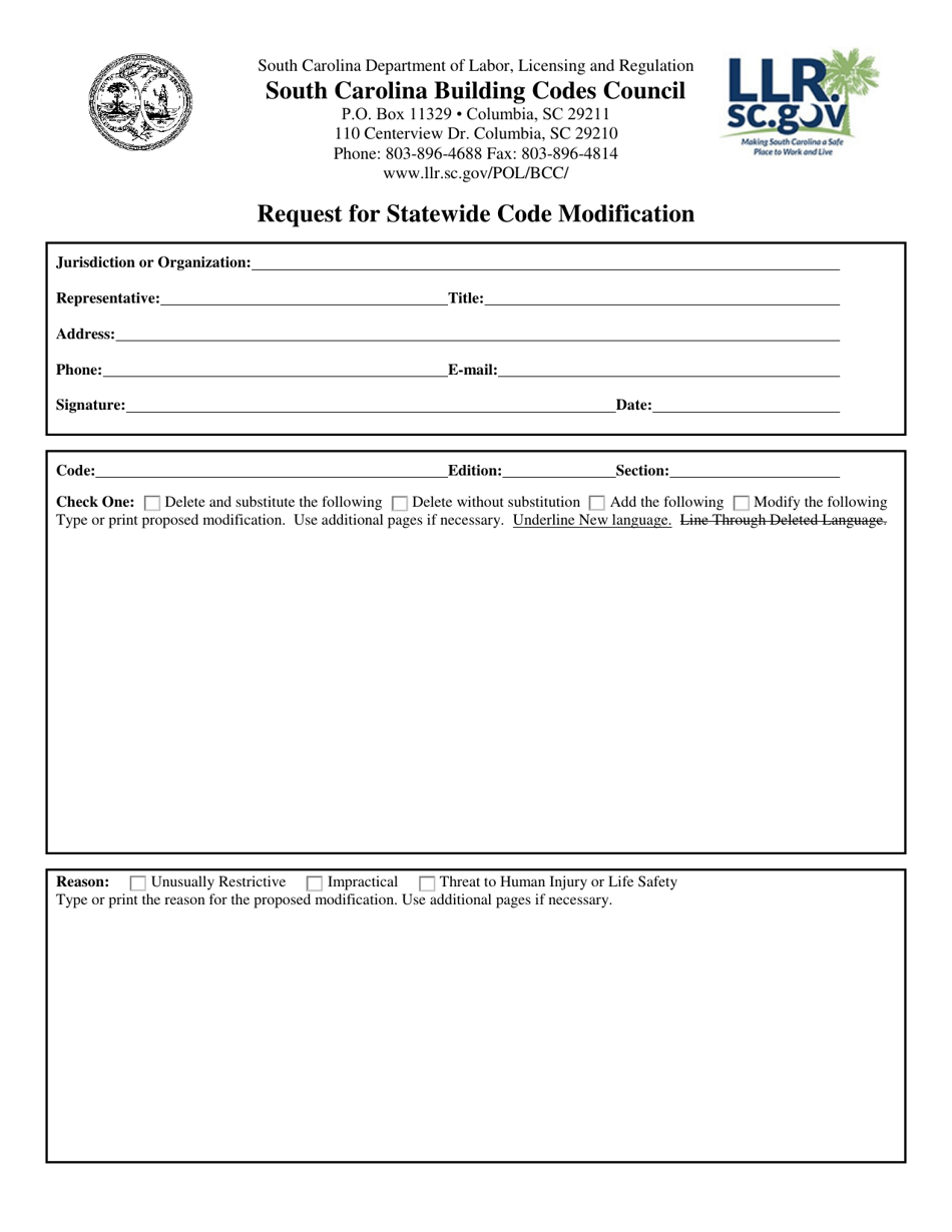 South Carolina Request for Statewide Code Modification - Fill Out, Sign