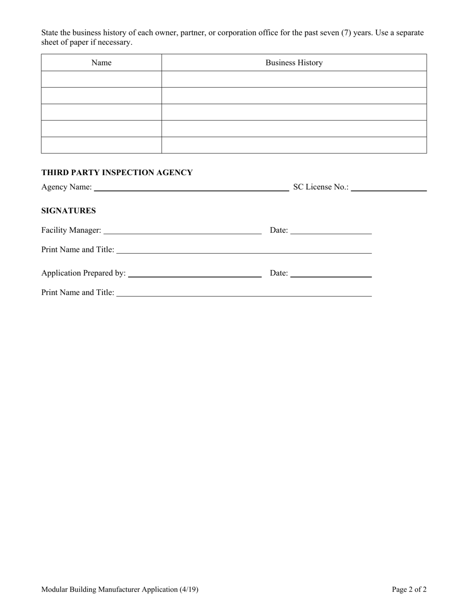Modular Building Manufacturer Application for License - South Carolina, Page 2