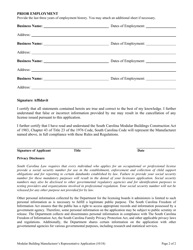 Application for Licensure as a Modular Building Manufacturer&#039;s Representative - South Carolina, Page 2