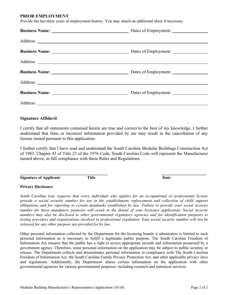 Application for Licensure as a Modular Building Manufacturers Representative - South Carolina, Page 2