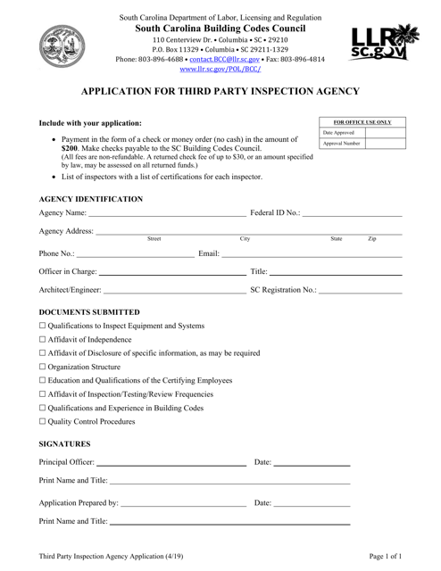 Application for Third Party Inspection Agency - South Carolina