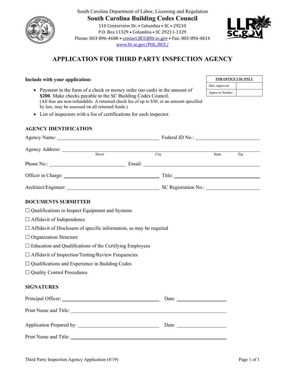 Application for Third Party Inspection Agency - South Carolina, Page 1