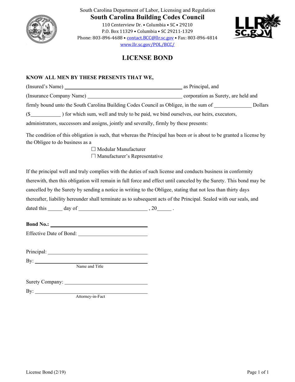 License Bond Form - South Carolina, Page 1