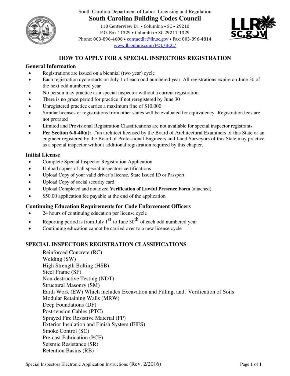 Special Inspectors Electronic Application - South Carolina, Page 1