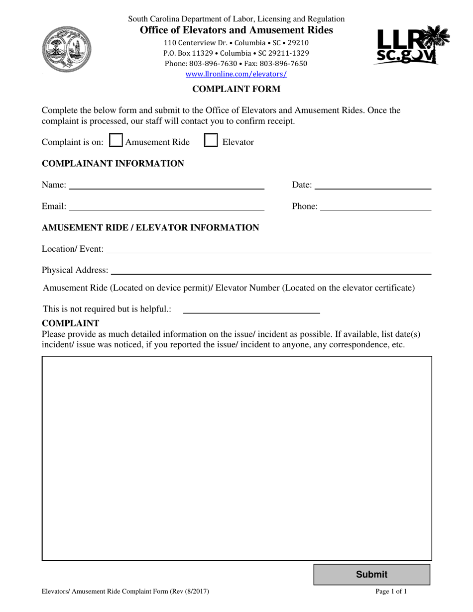 Complaint Form - South Carolina, Page 1