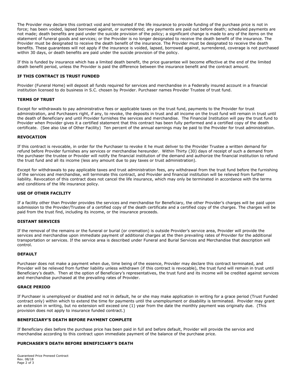 Guaranteed Price Preneed Contract - South Carolina, Page 2