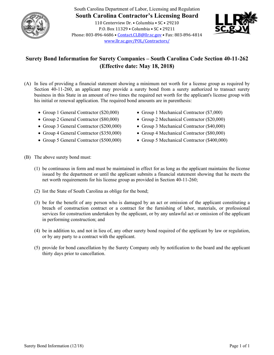 Surety Bond for General Contractors - South Carolina, Page 1