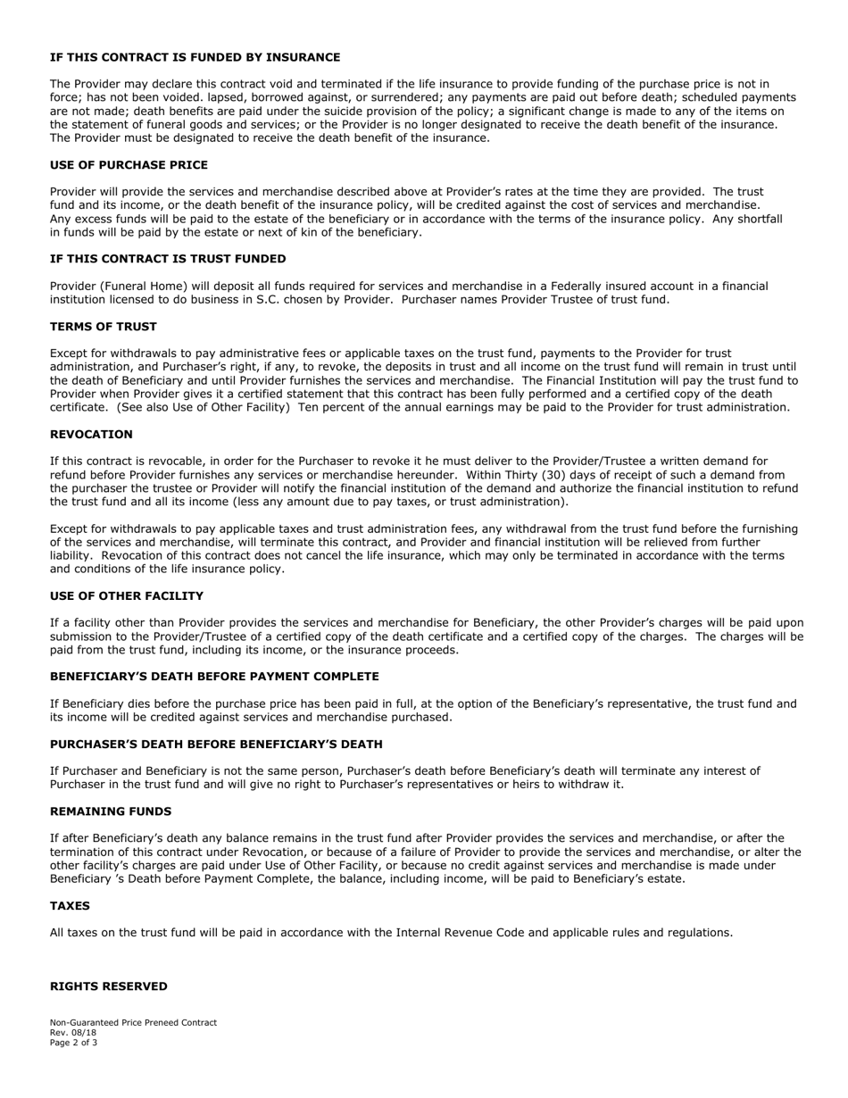 Non-guaranteed Price Preneed Contract - South Carolina, Page 2