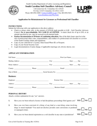 Document preview: Application for Reinstatement for Licensure as Professional Soil Classifier - South Carolina