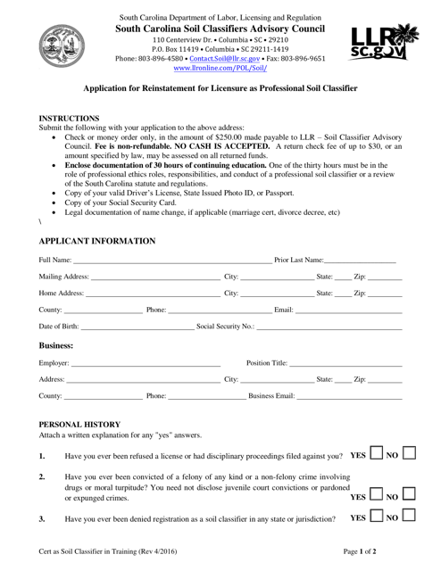 Application for Reinstatement for Licensure as Professional Soil Classifier - South Carolina