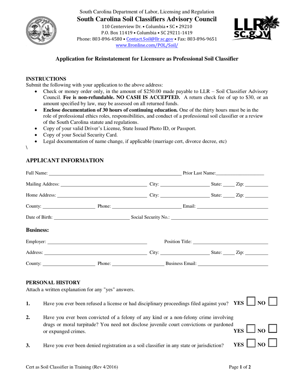 Application for Reinstatement for Licensure as Professional Soil Classifier - South Carolina, Page 1