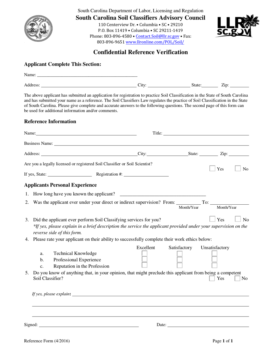 Confidential Reference Verification Form - South Carolina, Page 1