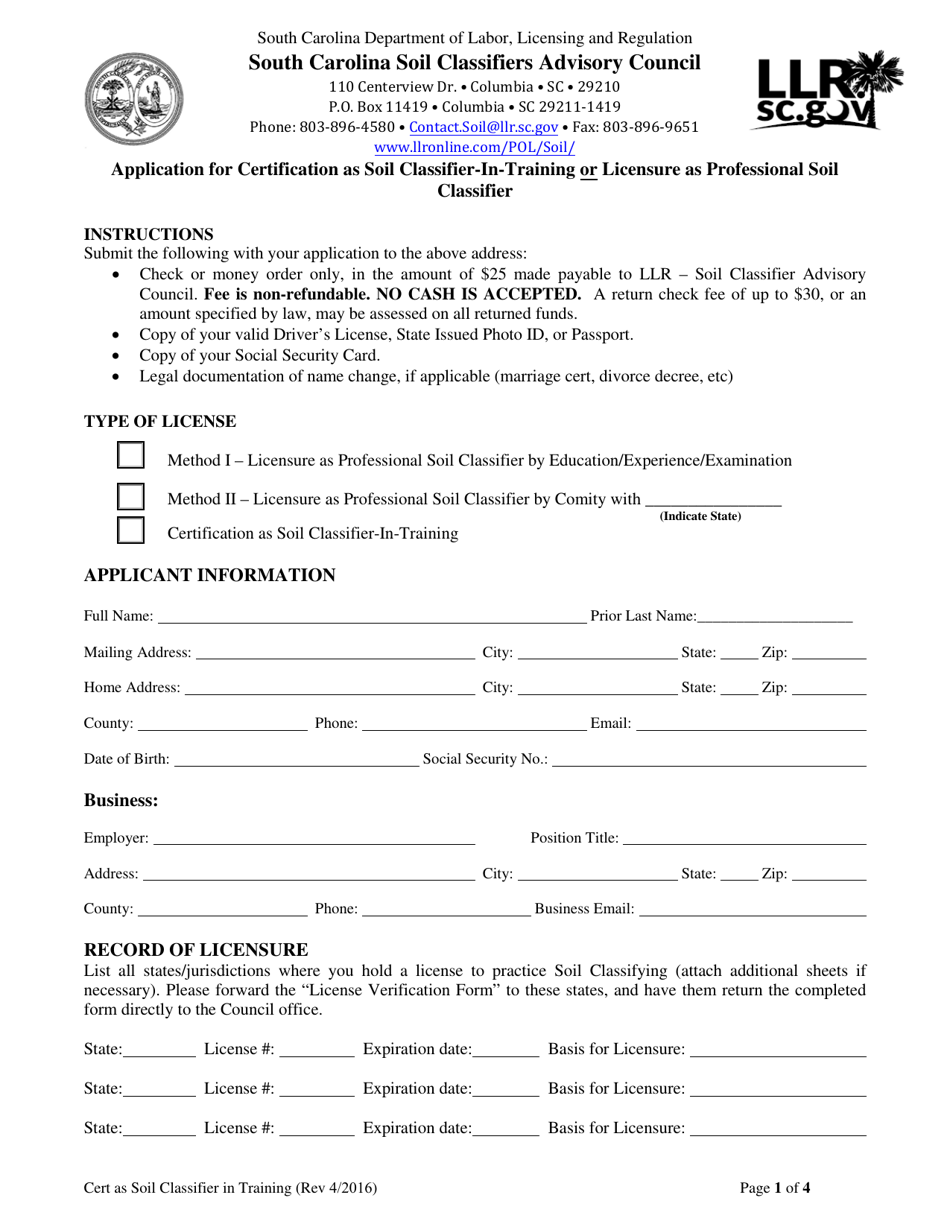 Application for Certification as Soil Classifier-In-training or Licensure as Professional Soil Classifier - South Carolina, Page 1