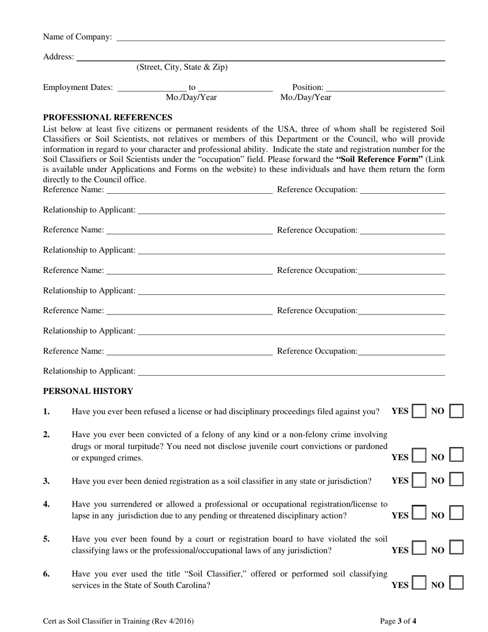 Application for Certification as Soil Classifier-In-training or Licensure as Professional Soil Classifier - South Carolina, Page 3