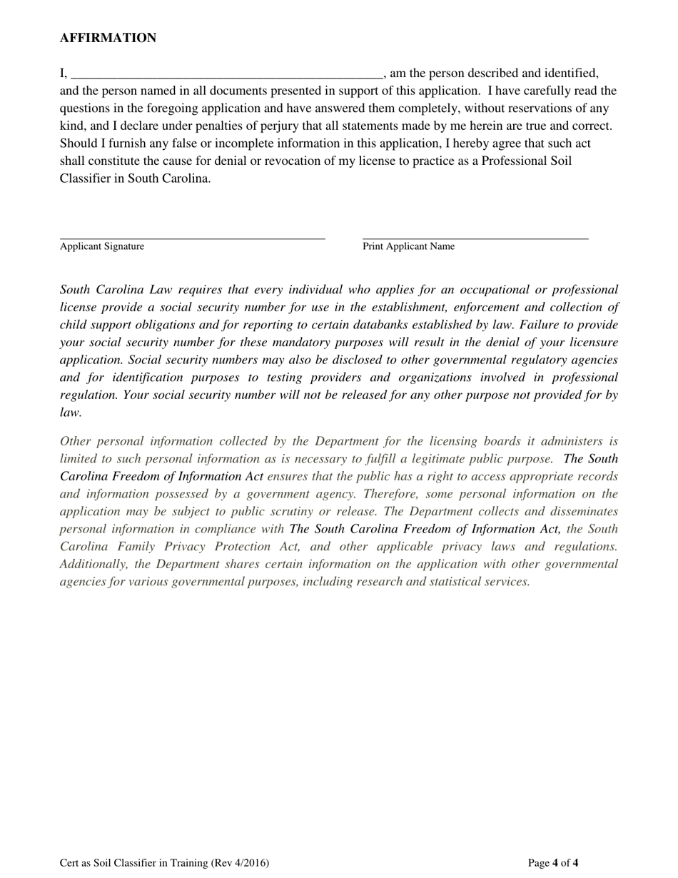 Application for Certification as Soil Classifier-In-training or Licensure as Professional Soil Classifier - South Carolina, Page 4