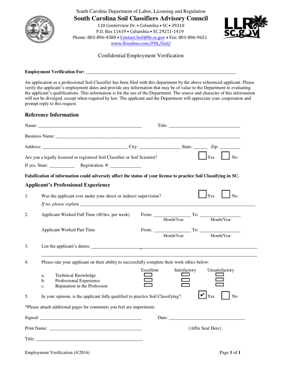 Confidential Employment Verification Form - South Carolina, Page 1