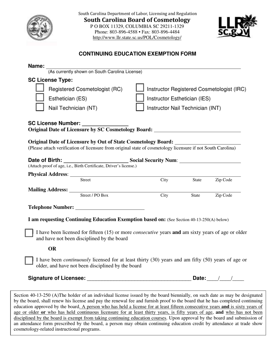 Continuing Education Exemption Form - South Carolina, Page 1