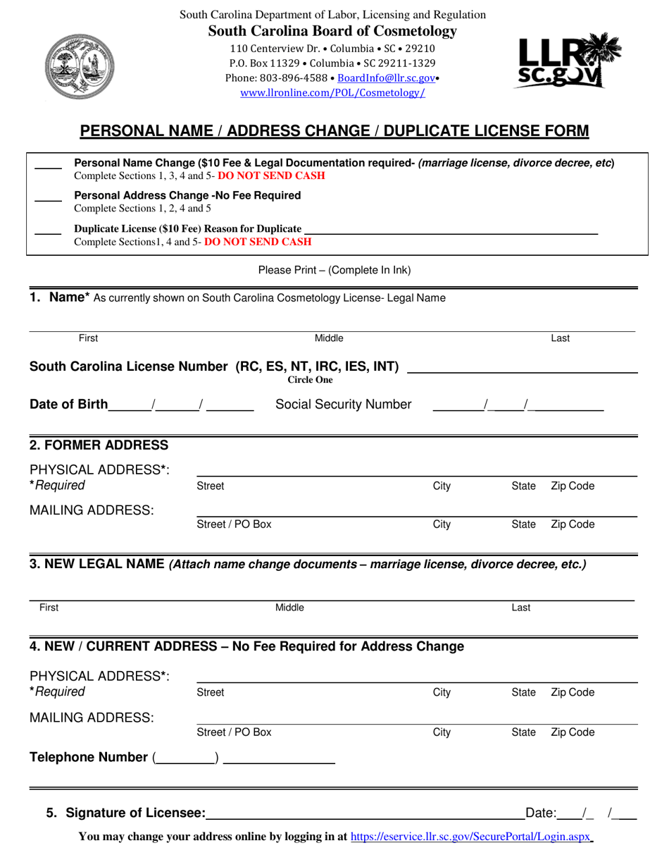 Personal Name / Address Change / Duplicate License Form - South Carolina, Page 1