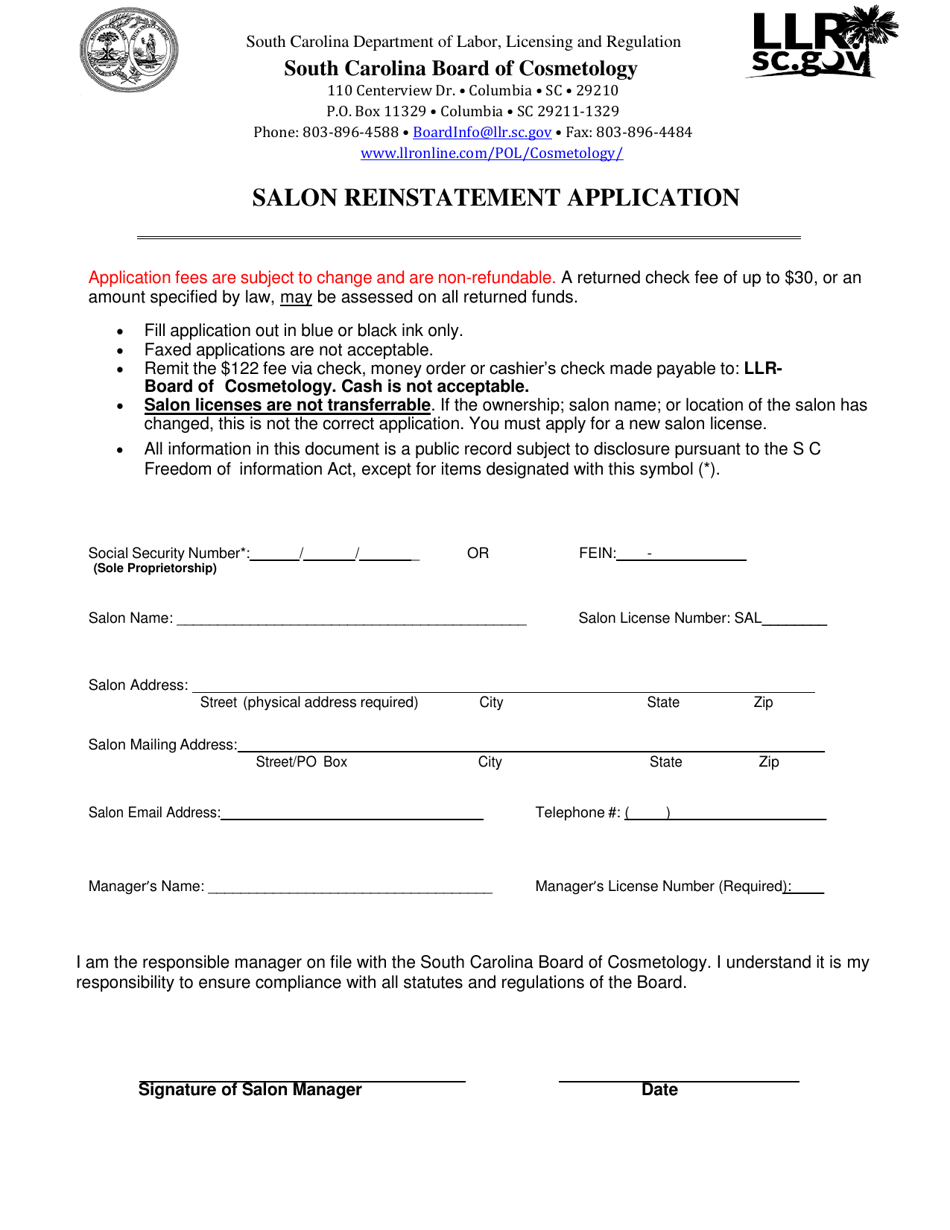 Salon Reinstatement Application Form - South Carolina, Page 1