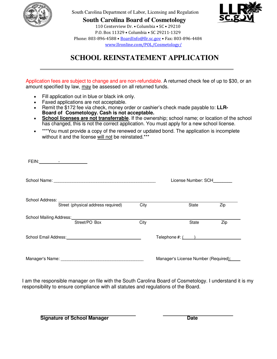 School Reinstatement Application Form - South Carolina, Page 1