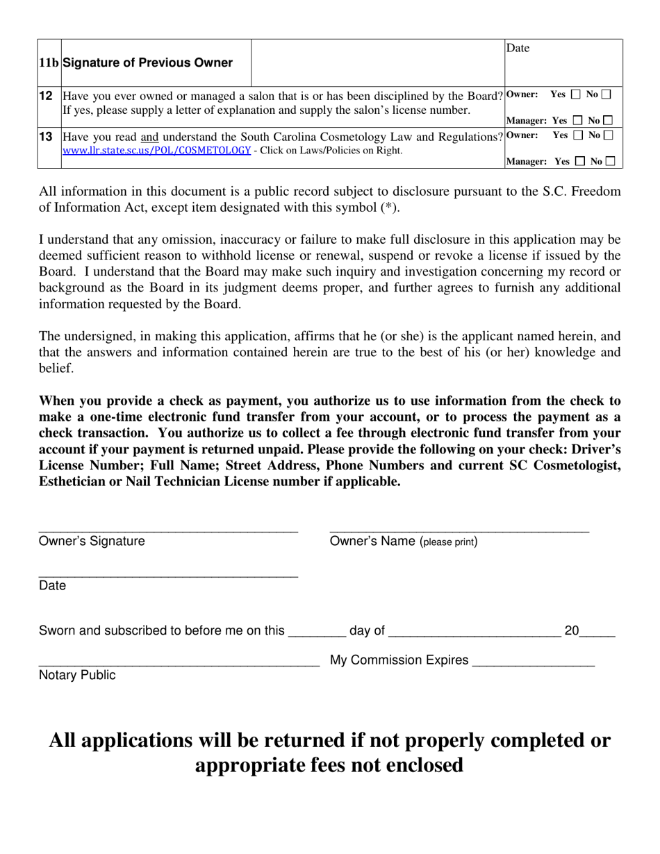 Application for Salon - South Carolina, Page 3