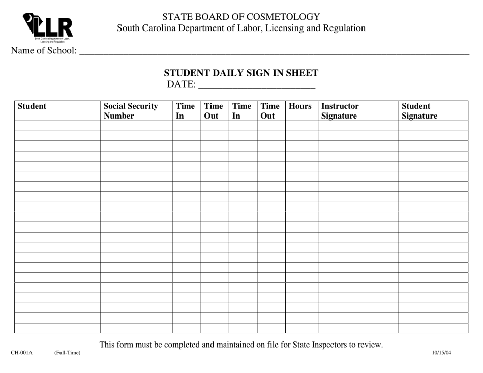 Form CH-001A Student Daily Sign in Sheet - South Carolina, Page 1