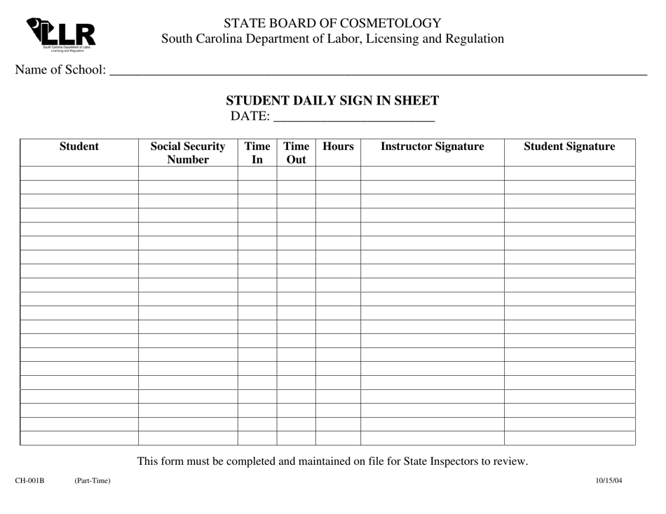 Form CH-001B Student Daily Sign in Sheet - South Carolina, Page 1