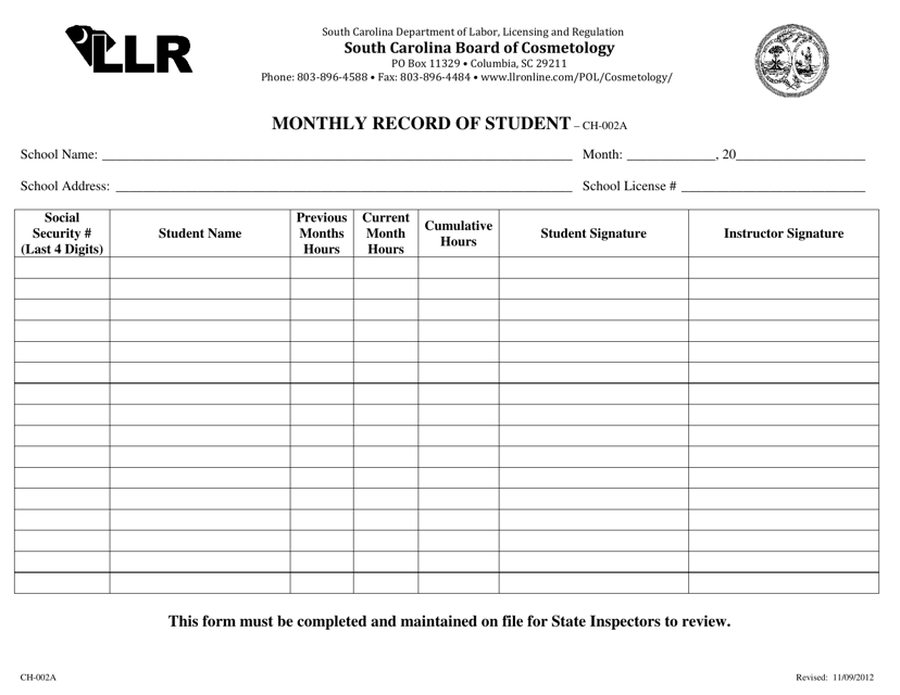 Form CH-002A Monthly Record of Student - South Carolina