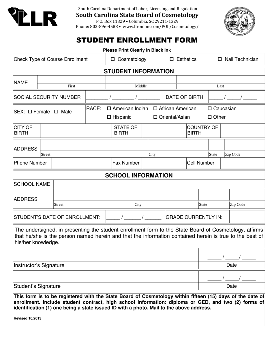 Form CH-004 Student Enrollment Form - South Carolina, Page 1