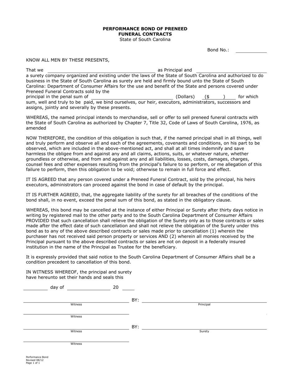 Performance Bond of Preneed Funeral Contracts - South Carolina, Page 1